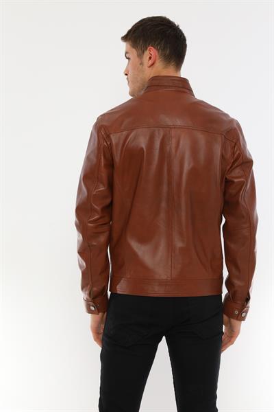 Basics And More Basics&More Men's Stand-Up Collar Chestnut Leather Jacket - E062