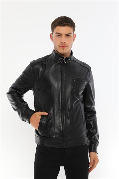 Basics And More Basics&More Men's Stand-Up Collar Chestnut Leather Jacket - E062