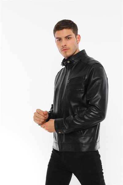 Basics And More Basics&More Men's Stand-Up Collar Chestnut Leather Jacket - E062