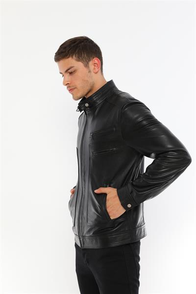 Basics And More Basics&More Men's Stand-Up Collar Chestnut Leather Jacket - E062
