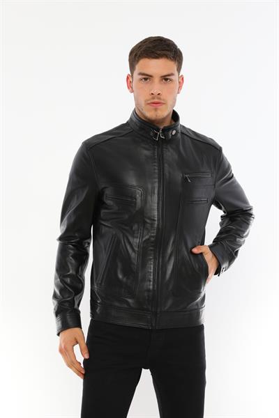 basics and more Basics&More Men's Stand-Up Collar Chestnut Leather Jacket - E062