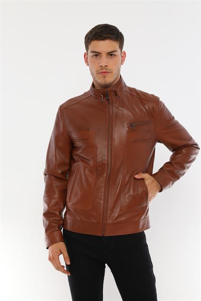 basics and more Basics&More Men's Stand-Up Collar Chestnut Leather Jacket - E062