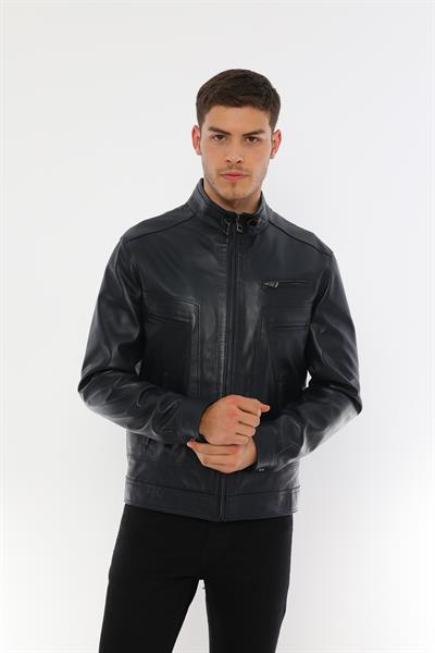 Basics And More Basics&More Men's Stand Up Collar Dark Navy Blue Leather Jacket - E062