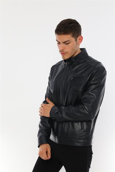 Basics And More Basics&More Men's Stand Up Collar Dark Navy Blue Leather Jacket - E062