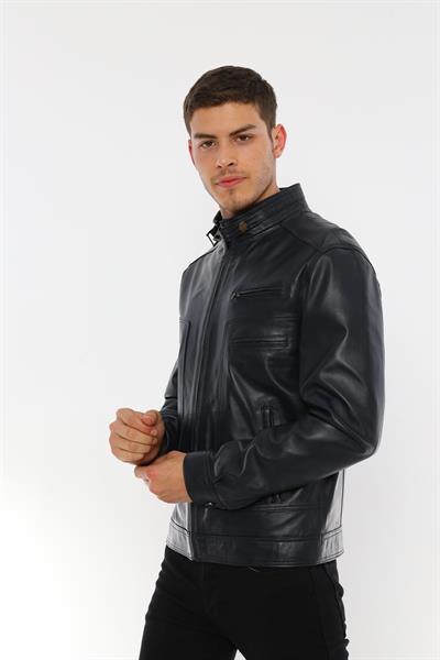 Basics And More Basics&More Men's Stand Up Collar Dark Navy Blue Leather Jacket - E062