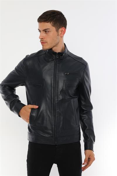 basics and more Basics&More Men's Stand Up Collar Dark Navy Blue Leather Jacket - E062