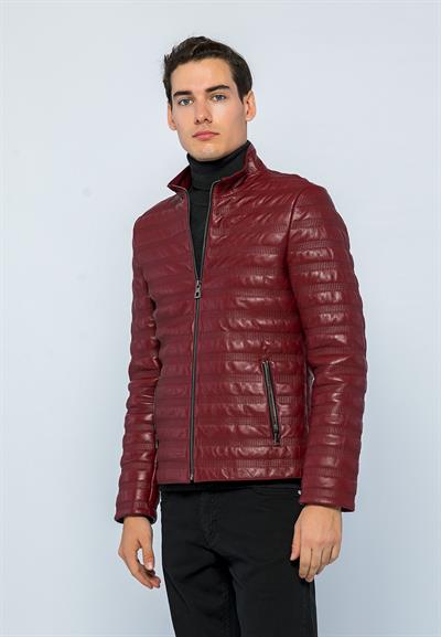 Basics And More Basics&More Men Stand Up Collar Burgundy Leather Jacket - UZ01