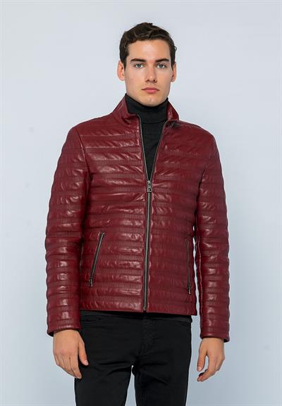 Basics And More Basics&More Men Stand Up Collar Burgundy Leather Jacket - UZ01
