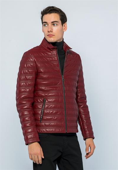 Basics And More Basics&More Men Stand Up Collar Burgundy Leather Jacket - UZ01