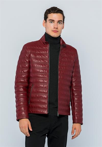 basics and more Basics&More Men Stand Up Collar Burgundy Leather Jacket - UZ01