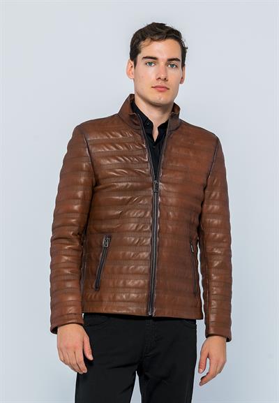 Basics And More Basics&More Men Stand-Up Neck Chestnut Leather Jacket - UZ01