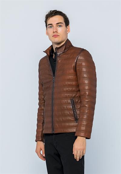 Basics And More Basics&More Men Stand-Up Neck Chestnut Leather Jacket - UZ01