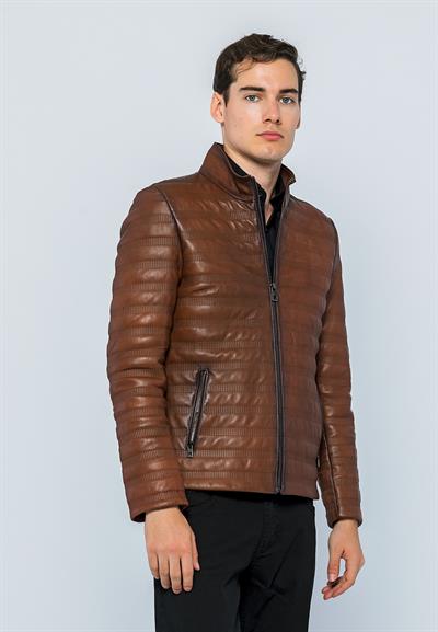 Basics And More Basics&More Men Stand-Up Neck Chestnut Leather Jacket - UZ01