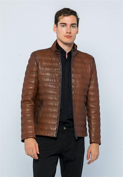 basics and more Basics&More Men Stand-Up Neck Chestnut Leather Jacket - UZ01