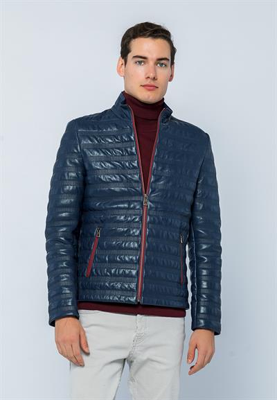 Basics And More Basics&More Men Stand Up Neck Dark Blue Leather Jacket - UZ01