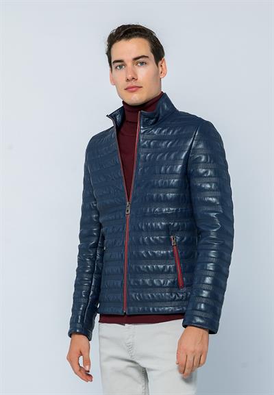 Basics And More Basics&More Men Stand Up Neck Dark Blue Leather Jacket - UZ01