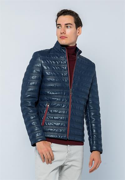Basics And More Basics&More Men Stand Up Neck Dark Blue Leather Jacket - UZ01