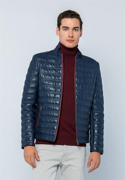 basics and more Basics&More Men Stand Up Neck Dark Blue Leather Jacket - UZ01