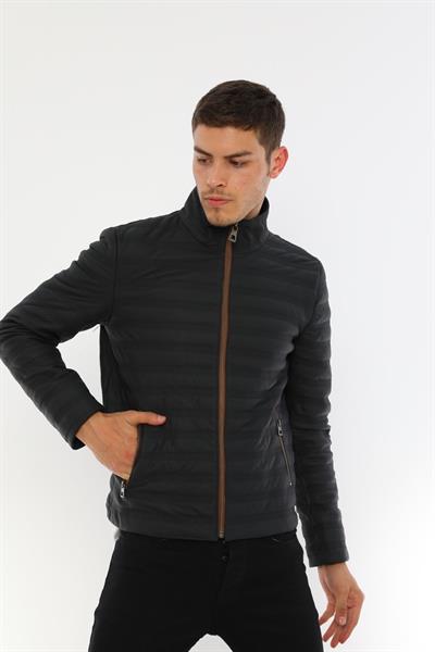 Basics And More Basics&More Men Stand-Up Neck Navy Blue Taffeta Leather Jacket - UZ01