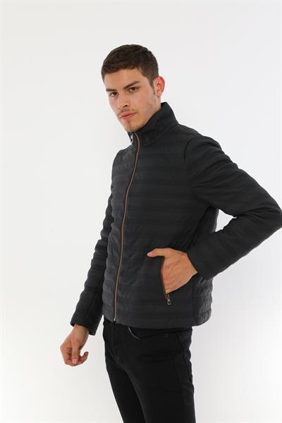 Basics And More Basics&More Men Stand-Up Neck Navy Blue Taffeta Leather Jacket - UZ01