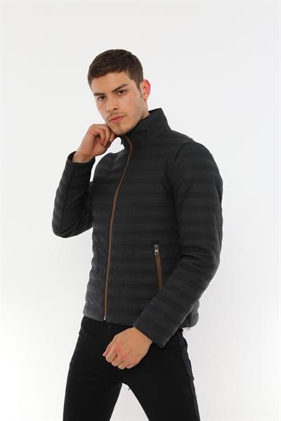 Basics And More Basics&More Men Stand-Up Neck Navy Blue Taffeta Leather Jacket - UZ01