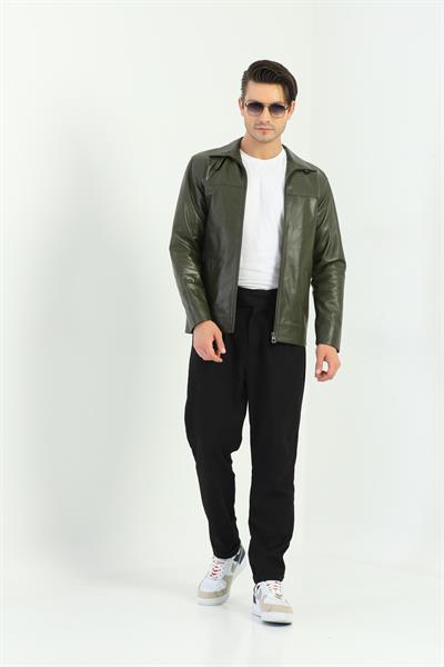 Basics And More Basics&More Minimal Design Khaki Men's Leather Jacket - Wolker