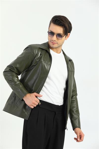 Basics And More Basics&More Minimal Design Khaki Men's Leather Jacket - Wolker