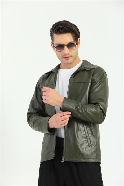 Basics And More Basics&More Minimal Design Khaki Men's Leather Jacket - Wolker