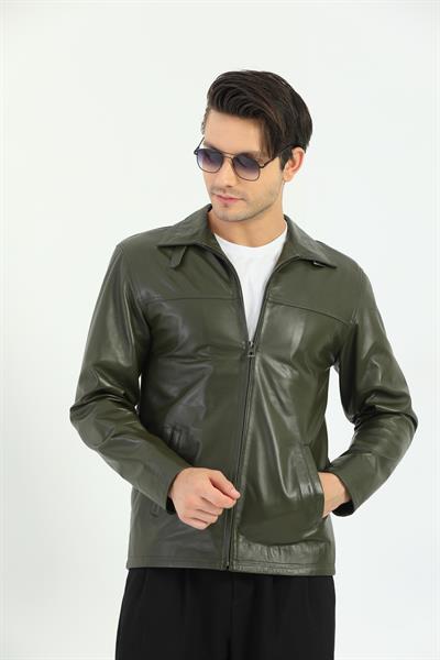 basics and more Basics&More Minimal Design Khaki Men's Leather Jacket - Wolker