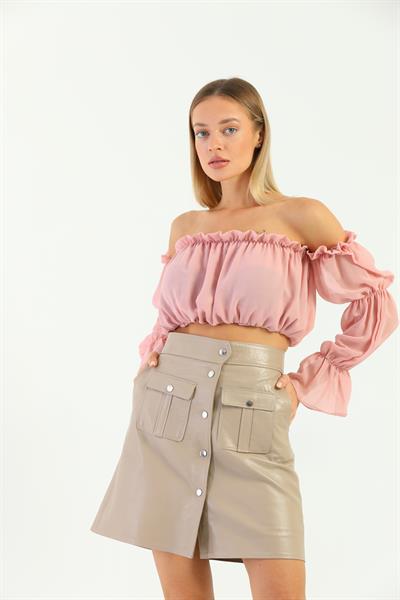 basics and more Basics&More Women Beige Leather Skirt with Pockets - SK06