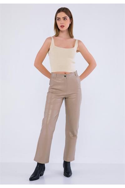 Basics And More Basics&More Women Beige Leather Trousers With Side Pockets - P03