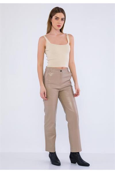Basics And More Basics&More Women Beige Leather Trousers With Side Pockets - P03