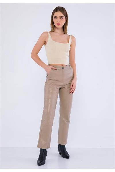 basics and more Basics&More Women Beige Leather Trousers with Side Pockets - P03