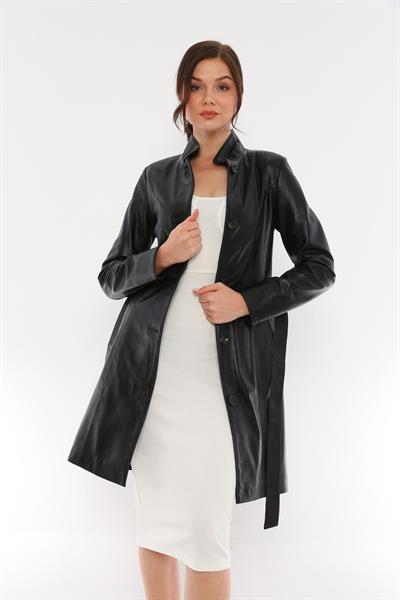 Basics And More Basics&More Women Belted Black Leather Jacket - B3034