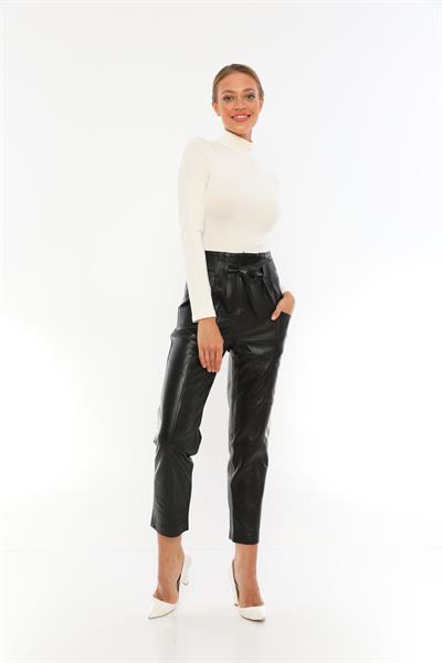 Basics And More Basics&More Women Belted Black Leather Trousers - P01