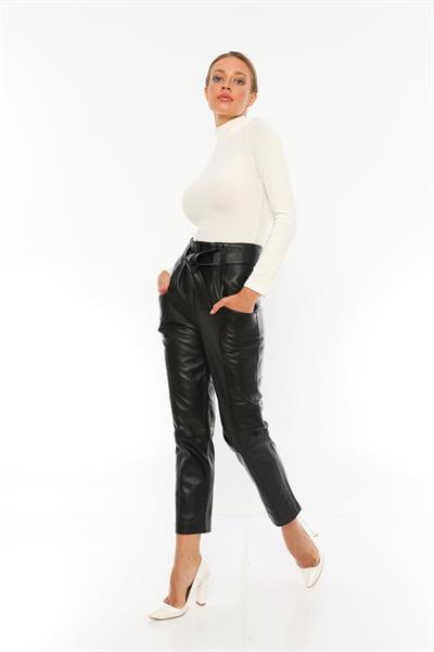 Basics And More Basics&More Women Belted Black Leather Trousers - P01
