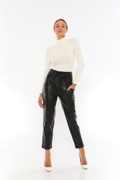 basics and more Basics&More Women Belted Black Leather Trousers - P01 basics and more Basics&More Women Belted Black Leather Trousers - P01