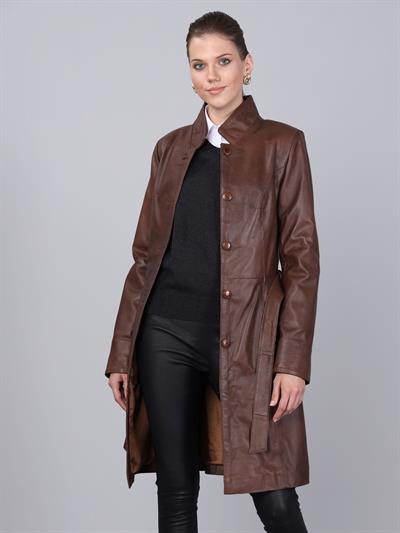 basics and more Basics&More Women Belted Chestnut Leather Jacket - B3034