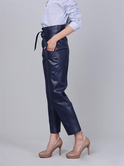Basics And More Basics&More Women Belted Dark Blue Leather Trousers - P01