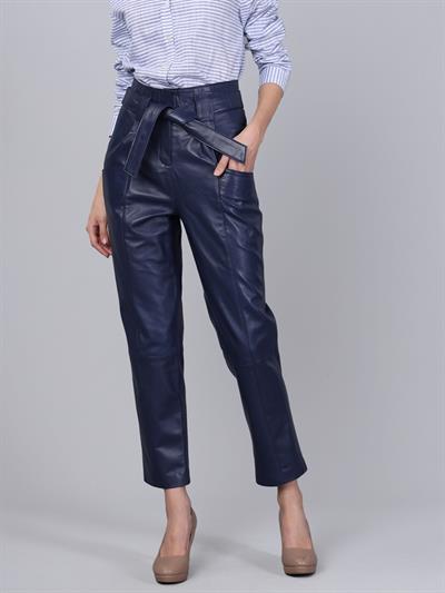 basics and more Basics&More Women Belted Dark Blue Leather Trousers - P01