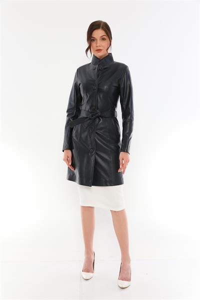 Basics And More Basics&More Women Belted Dark Navy Blue Leather Jacket - B3034