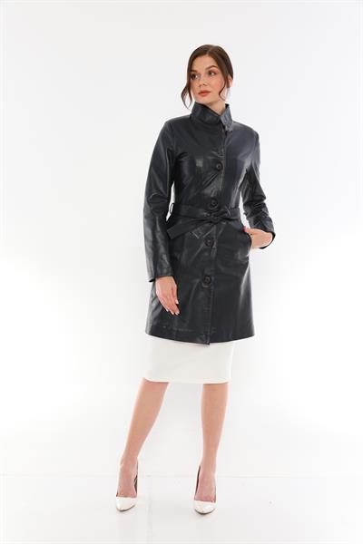 Basics And More Basics&More Women Belted Dark Navy Blue Leather Jacket - B3034