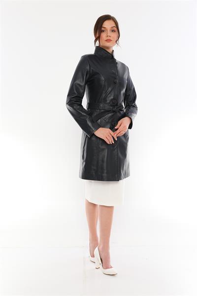 basics and more Basics&More Women Belted Dark Navy Blue Leather Jacket - B3034