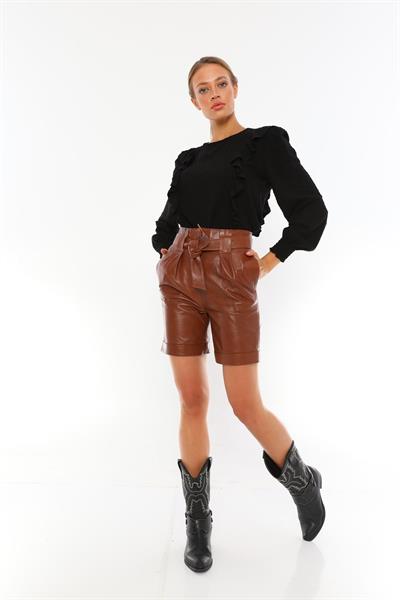 basics and more Basics&More Women Belted Hazelnut Leather Shorts - S01
