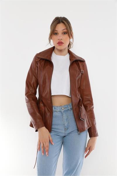 basics and more Basics&More Women Belted Kestana Leather Jacket - AZRA