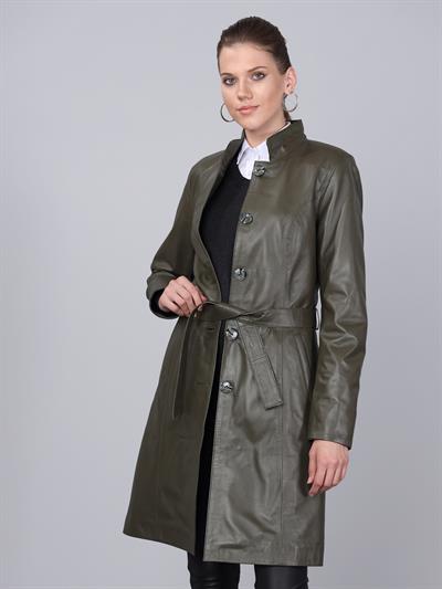 Basics And More Basics&More Women Belted Khaki Leather Jacket - B3034