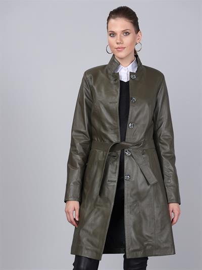Basics And More Basics&More Women Belted Khaki Leather Jacket - B3034