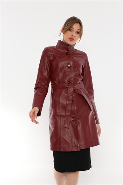 Basics And More Basics&More Women Belted Long Plum Leather Jacket - B3034