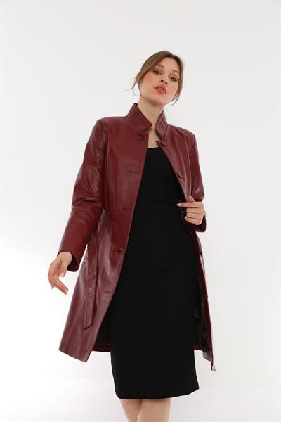 Basics And More Basics&More Women Belted Long Plum Leather Jacket - B3034