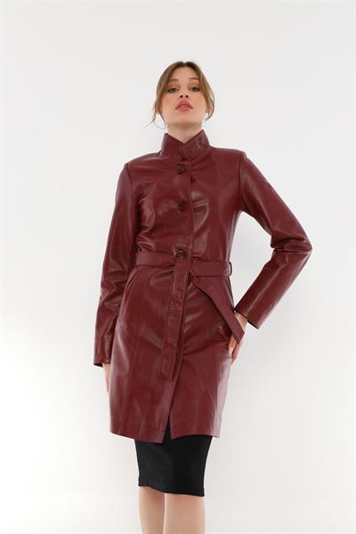 basics and more Basics&More Women Belted Long Plum Leather Jacket - B3034